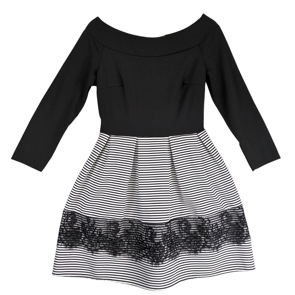 Vian Studio Striped Fit & Flare Skater Dress Sz L Made Italy 3/4 Slv Black White